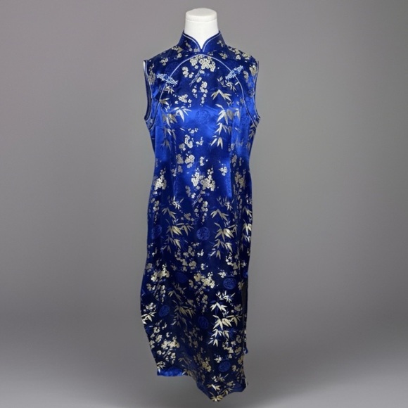 Vintage Dresses & Skirts - Vintage Royal Blue & Gold Floral Brocade Cheongsam Qipao Dress.